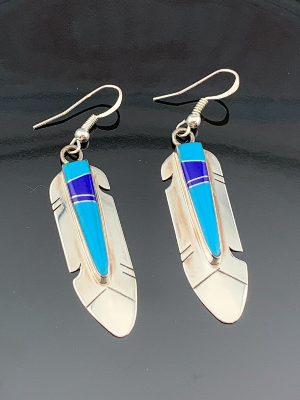 Native American Stone Inlay Sterling Silver Feather Earrings J1437